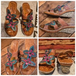 New L'Artiste Leather Wedge Heel Sandals 7.5 Slipon Flowers Lynnie Spring Step